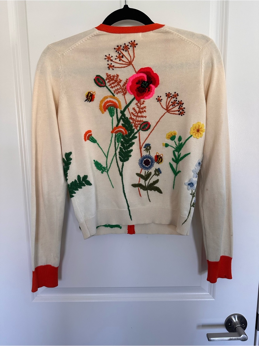 Vintage Lucky Brand Cream V-Neck Cardigan w/ Orange Trim & Floral Embroidery
